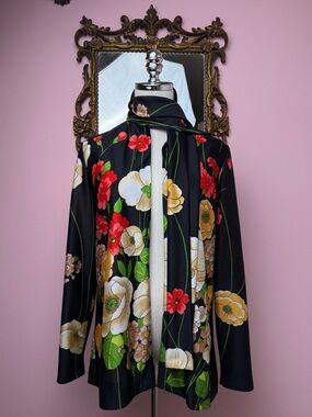 Vintage 70s Anne Fogarty Collectors Items Floral Open Long Sleeve Cardigan Scarf